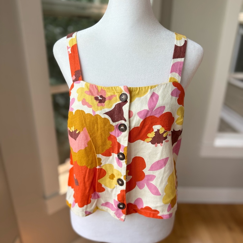 LUSH Poppy Ivory Pink Orange Floral Cropped Linen Button Front Tank Top Sz Small